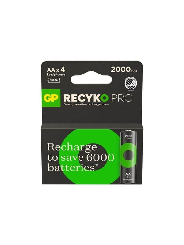 Four GP Batteries AA rechargeable batteries in a green and black packaging, labeled "Recyko Pro," with a capacity of 2000 mAh and a note about saving 6000 batteries.