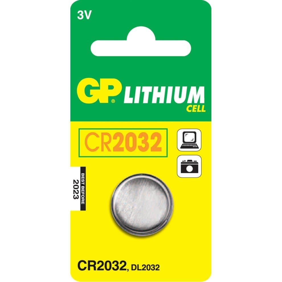 Green and yellow packaging featuring the GP Batteries logo, with a prominent "CR2032" label, displaying a round, silver lithium button cell battery inside.