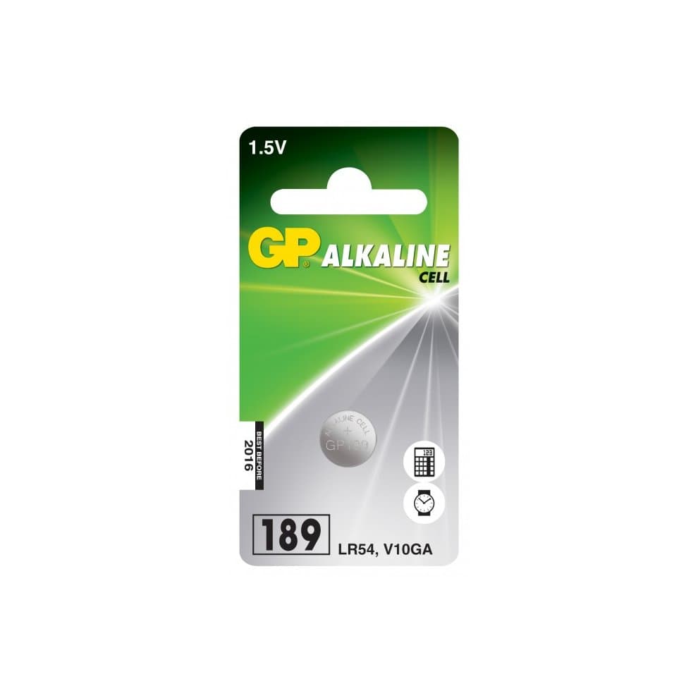 Green and white packaging featuring the text "GP ALKALINE CELL" and "189 LR54" with a silver button cell battery visible inside, indicating 1.5V alkaline-manganese quality.