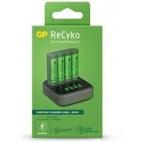 Green GP ReCyko B421 USB charger with four rechargeable AA batteries in a compact black charging dock.