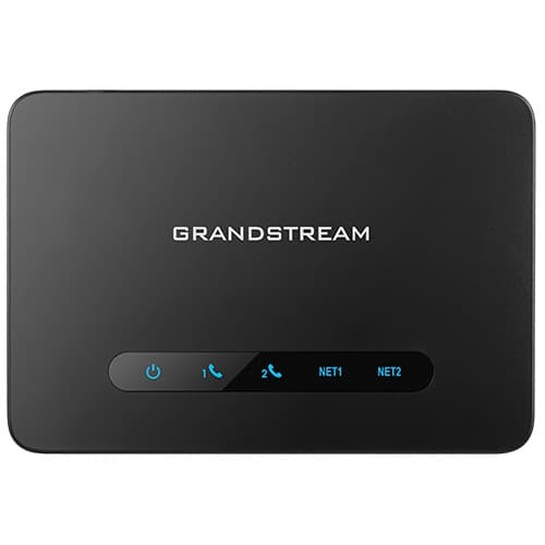 Black rectangular device with "GRANDSTREAM" logo, featuring blue LED indicators for power, two phone lines, and two network ports on the front panel.