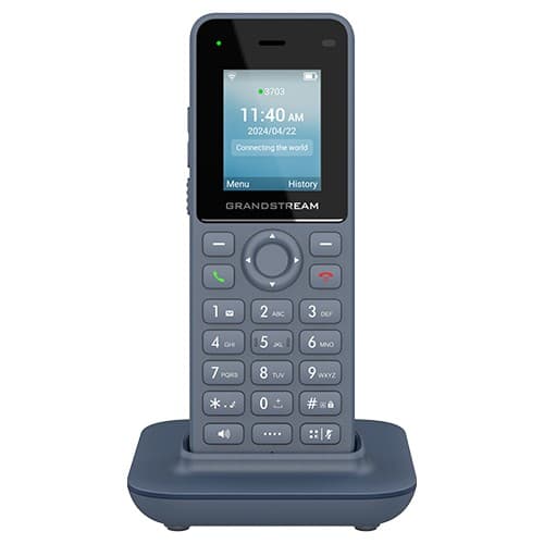 Compact portable WiFi phone in dark gray with a sleek design, featuring a color display, numeric keypad, and a charging dock.