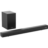 Black Grundig DSB 991 SW soundbar with subwoofer, 2.1 channels, sleek design, 90 W output.