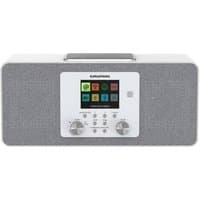 White Grundig DTR 6100 2.1 DAB radio with digital display, gray fabric sides, and silver control knobs.