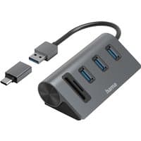 Hama anthracite-black laptop dock with USB 3.2 Gen 1 ports, Type-A connector, and card slots.