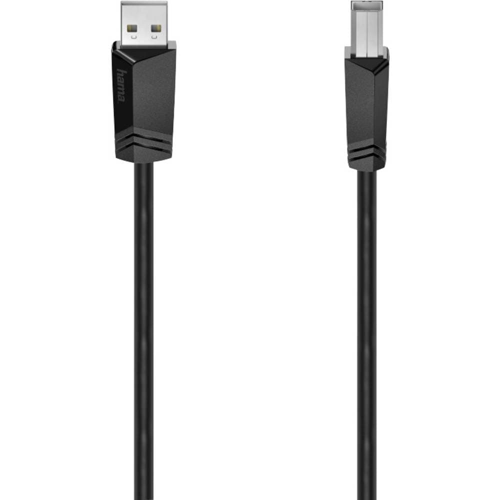 Black Hama USB 2.0 cable, 5 meters long, featuring a USB A and B plug, with a durable plastic casing and angular design for secure connections.