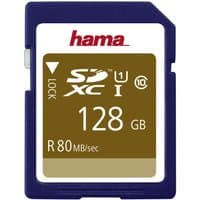 Hama SDXC 128GB UHS-I Class 10 memory card, blue and white with gold label, R 80 MB/sec speed.