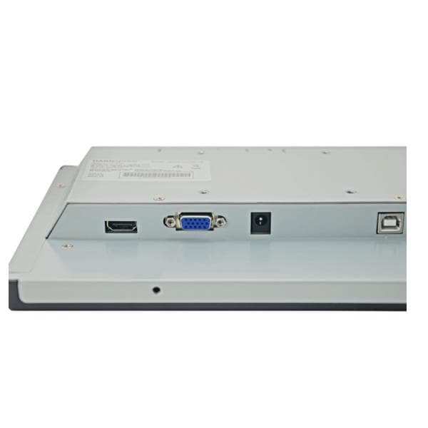 Hannspree Open Frame HO 105 HTB digital signage flat panel in a sleek design, featuring HDMI, VGA, and power ports on the back, with a compact 10-inch display.