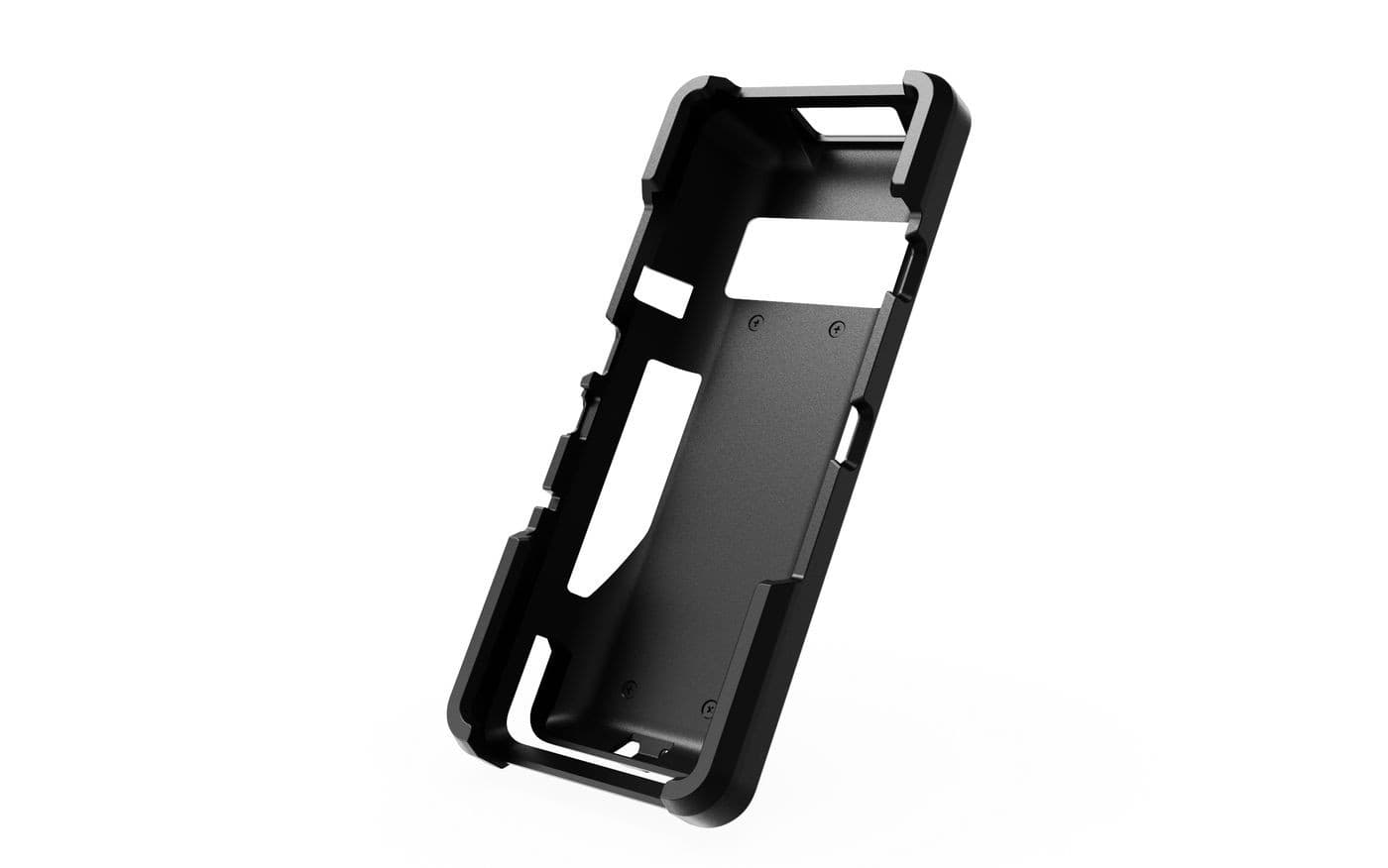 Black mobile case by Havis, model CASTLES S1E2L, featuring a sturdy design with cutouts for buttons and ports, labeled "CAUTION - WAS TOAST" with an embedded L.