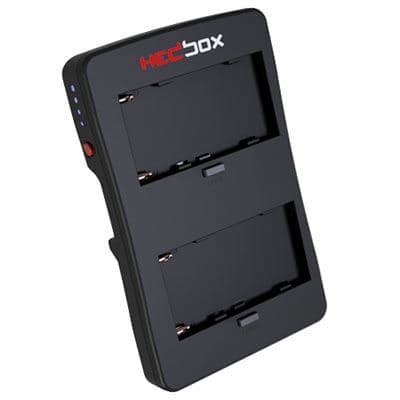 Black HEDBOX HBP-NPF battery plate with two slots for batteries, featuring a sleek design and LED indicators on the side for power status.