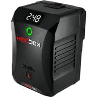 Black Hedbox NINA L Li-Ion battery with digital display, green indicator light, and red logo on front.