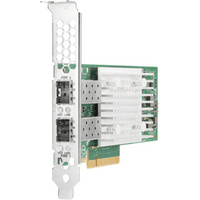 Hewlett Packard network adapter with dual SFP+ ports, green circuit board, and silver bracket with ventilation holes.