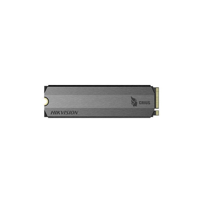 Hikvision E2000 512 GB M.2 PCI Express 3.0 NVMe SSD in a sleek silver metal casing with the brand logo and connector pins visible on one end.