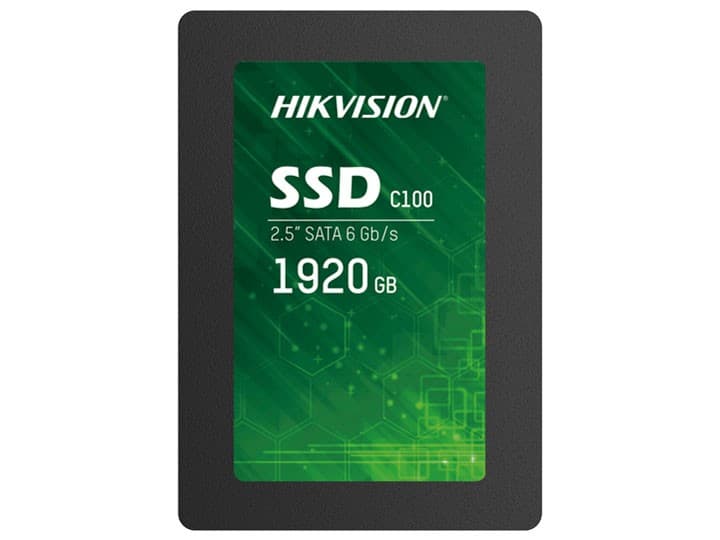 Hikvision HS-SSD-C100 internal solid state drive features a sleek black casing with a green label, indicating 1.92 TB capacity and 2.5" SATA 6 Gb/s interface.