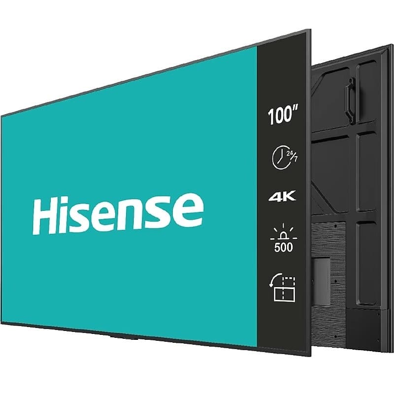100-inch black Hisense BM66D Series commercial display with 4K UHD resolution, 120Hz refresh rate, and a sleek design featuring a turquoise screen and visible side ports.