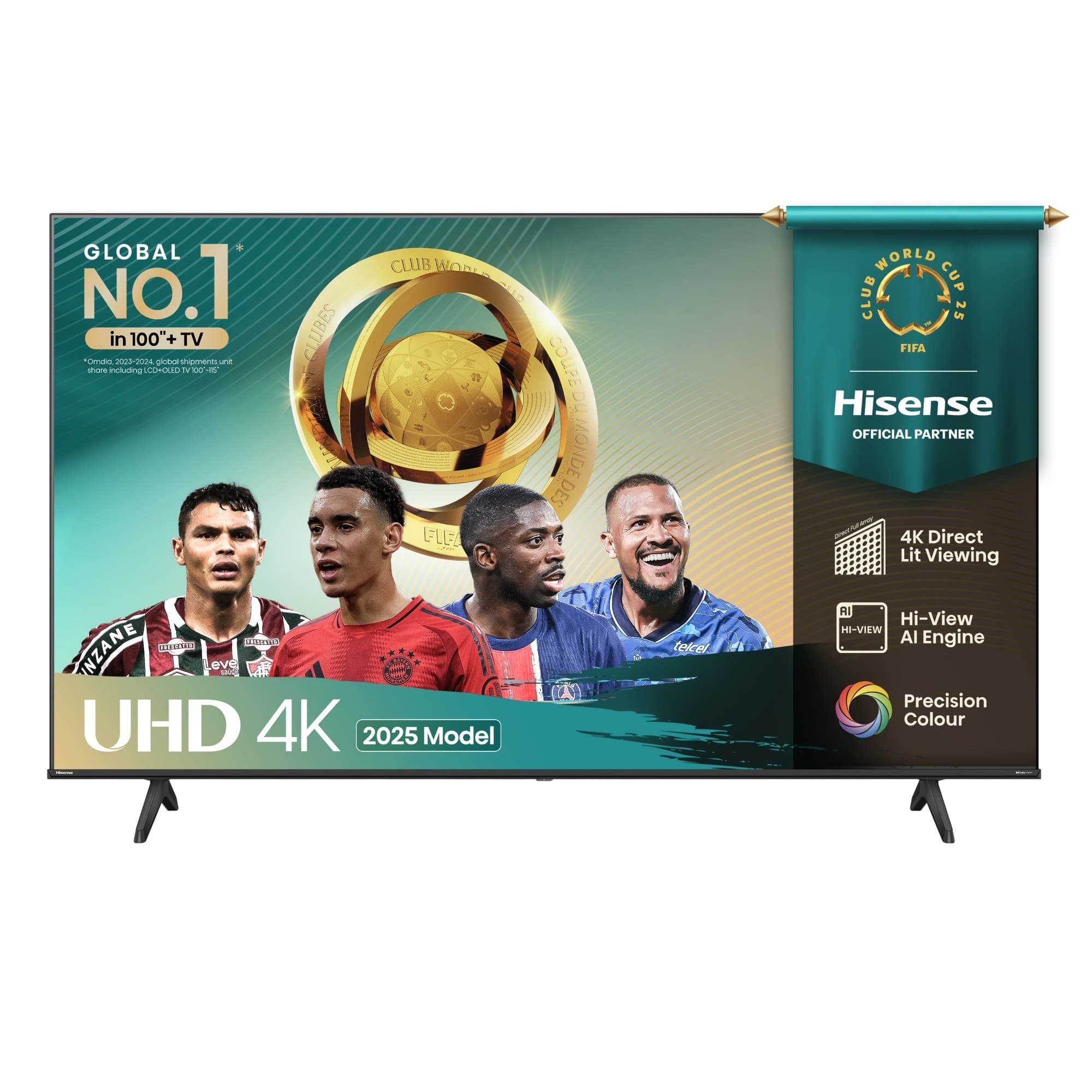 Hisense 43" 4K Ultra HD Smart TV featuring a vibrant display with a FIFA World Cup banner, showcasing athletes and a sleek black frame with sturdy legs.