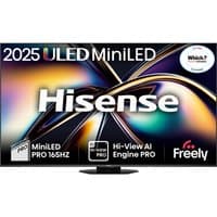 Hisense 55" U8QTUK MiniLED TV, 165Hz, black frame, colorful display, Freely logo, AI Engine Pro branding.