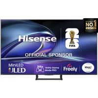 Hisense 75" Mini LED 4K Smart TV with thin black bezel, vivid display, and FIFA sponsorship logo on screen.