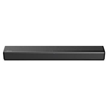 Black Hisense 80W 2.1 Channel All-in-One Soundbar featuring a sleek, minimalist design with a fabric speaker grille and control buttons on the top surface.