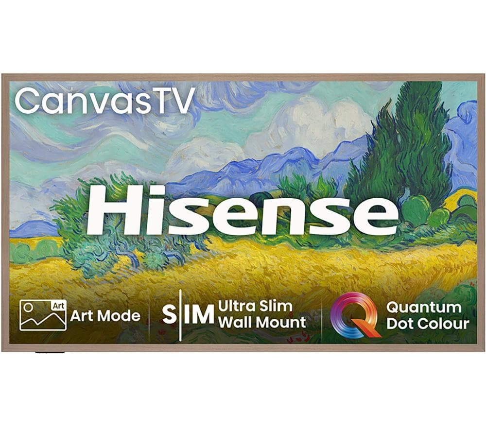 Hisense CanvasTV features a vibrant display with a landscape artwork, a slim wooden frame, and prominent branding in white, highlighting its Art Mode and Quantum Dot Colour technology.