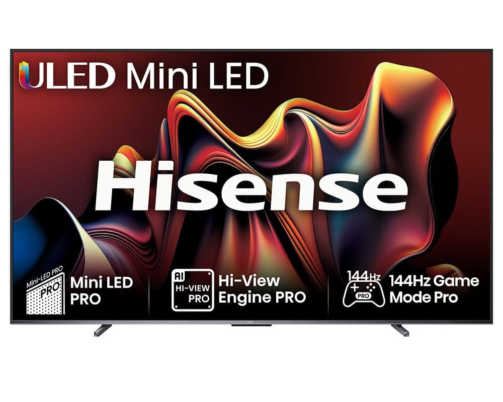 100-inch Hisense U7N 4K Ultra HD Smart TV in black and grey, featuring ULED Mini LED technology, AI-View Engine Pro, and 144Hz Game Mode Pro for enhanced viewing.