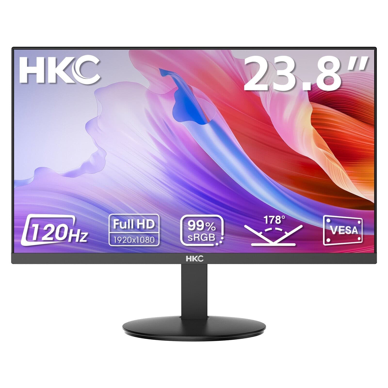 HKC V2418S 24" monitor features a sleek black design, 1920x1080 Full HD resolution, 120Hz refresh rate, and 178° viewing angle with VESA mount compatibility.