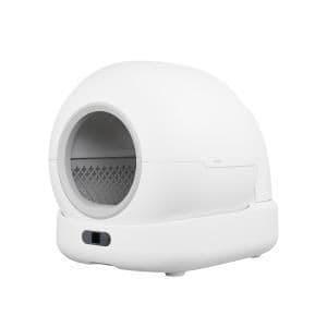 White, rounded cat litter box with a sleek design, featuring a circular entrance and a textured interior for easy cleaning.