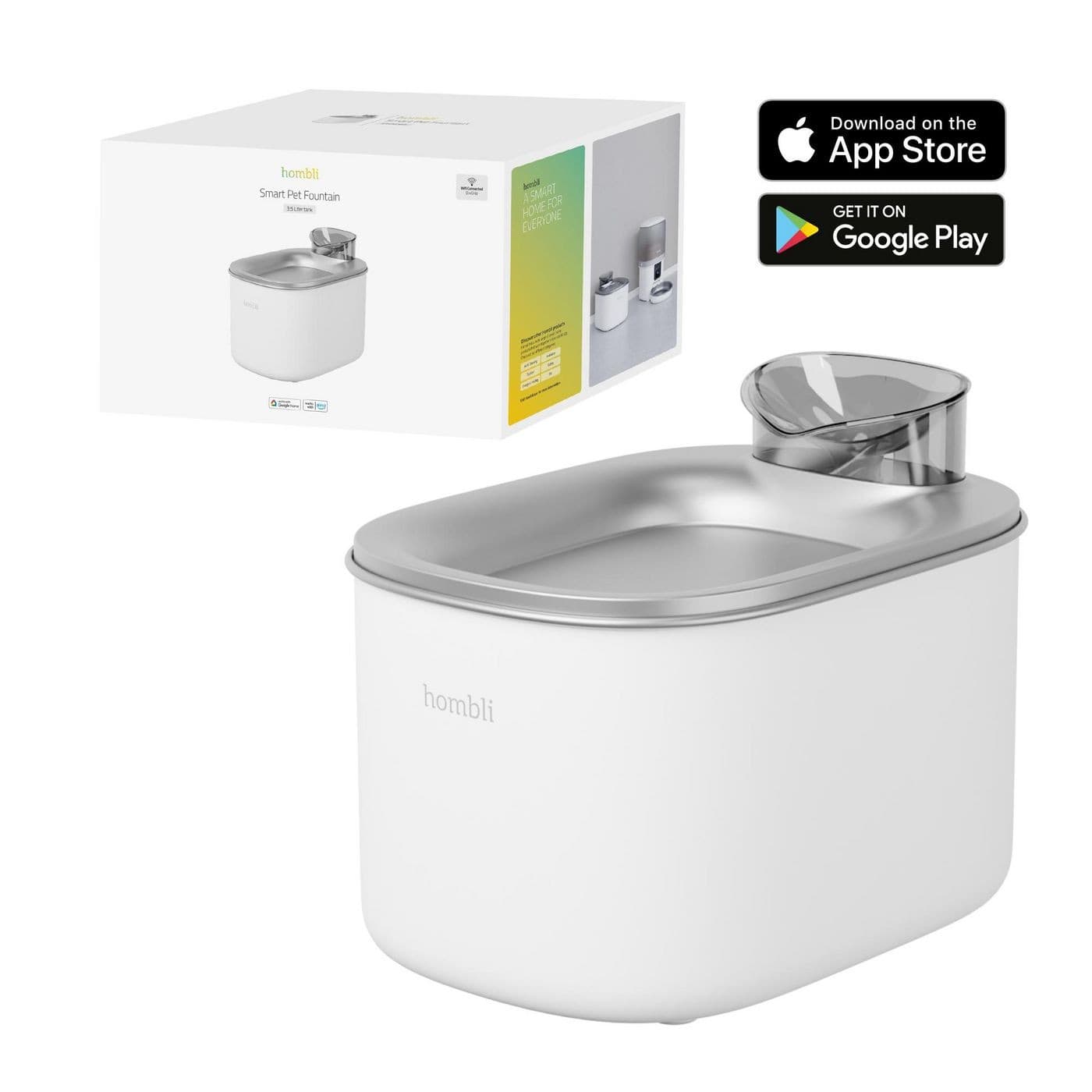 White smart pet fountain with a sleek design, featuring a stainless steel top and a transparent water spout, accompanied by a product box displaying app download options.