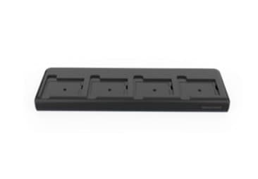 Black, rectangular battery charger with four slots for Honeywell EDA52-QBC-2 handheld mobile computer batteries, featuring a smooth plastic surface and minimalistic design.
