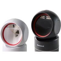 Black Honeywell Orbit HF680 barcode reader with circular design, red trim, and adjustable stand.