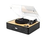 Bluetooth turntable with bamboo finish, built-in speakers, clear dust cover, and black base, sustainably made.