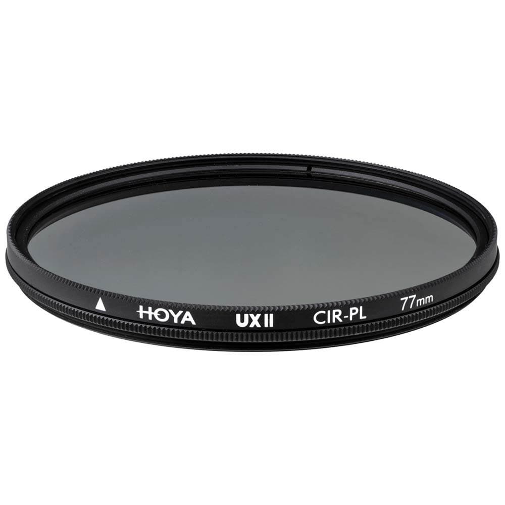 Hoya 37MM UX II PL-CIR circular polarizing filter with a sleek black metal frame and clear glass surface, featuring engraved brand and model details.