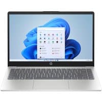 Silver HP 14-inch laptop with Intel Core i7, black keyboard, slim bezels, and Windows interface on screen.