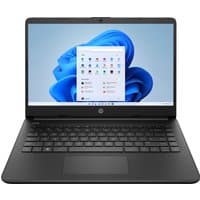 Black HP 14-inch laptop with Intel Celeron N4120, featuring a slim design, full keyboard, and Windows interface on screen.