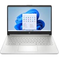 Silver HP 14-inch laptop with Intel Core i3, featuring a sleek design and Windows interface on screen.