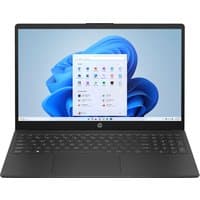 Black HP 15.6" Core i5 laptop with slim bezels, full keyboard, and Windows interface on screen.