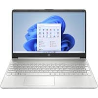 Silver HP 15.6" laptop with Intel Core i5, full-size keyboard, slim bezel display, and Windows 11 interface visible.