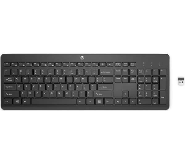 Sleek black HP 230 Wireless Keyboard featuring a full layout with low-profile keys and a compact design, accompanied by a small USB wireless receiver.