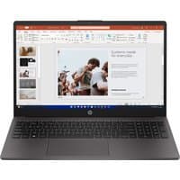 Black HP 250 G10 laptop with 15.6" display, full keyboard, slim bezels, and Windows 11 interface shown on screen.