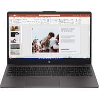 HP 250 G10 laptop with 15.6" display, slim black bezel, visible keyboard, and open presentation on screen