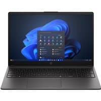 Black HP 255R G10 laptop with 15.6" display, Ryzen 3 processor, full keyboard, and Windows interface on screen.