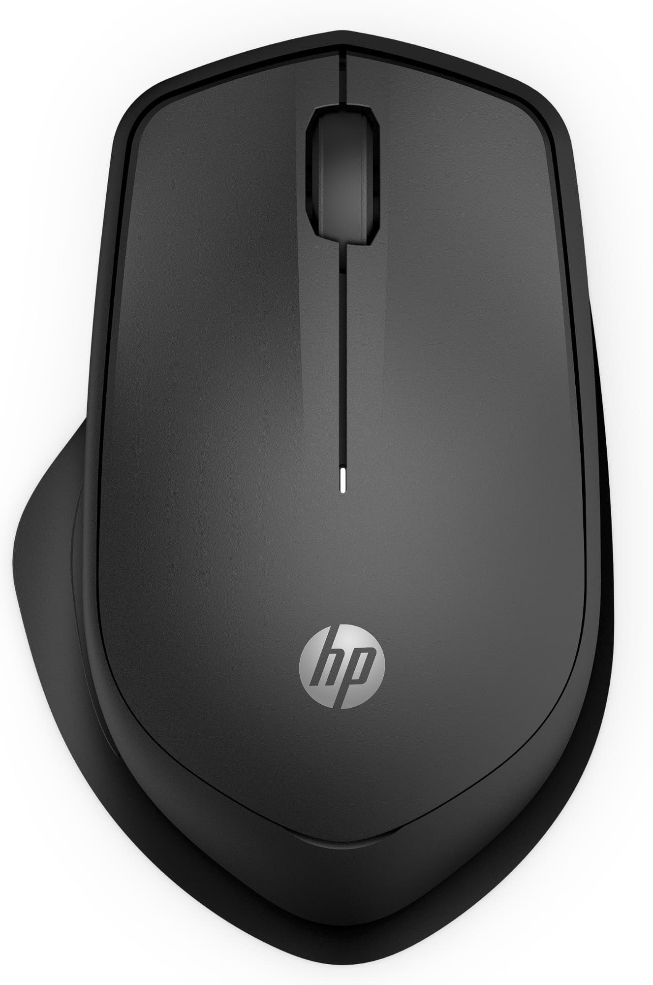 Black wireless mouse with a sleek design, featuring a smooth surface, a scroll wheel, and an HP logo prominently displayed on the top.