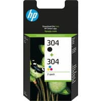 HP 304 2-pack ink cartridges, black and tri-color, in black box with green accents and HP logo.