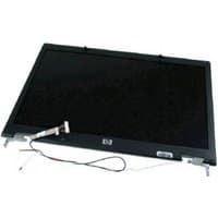 Black HP laptop display panel with attached cables and mounting brackets.