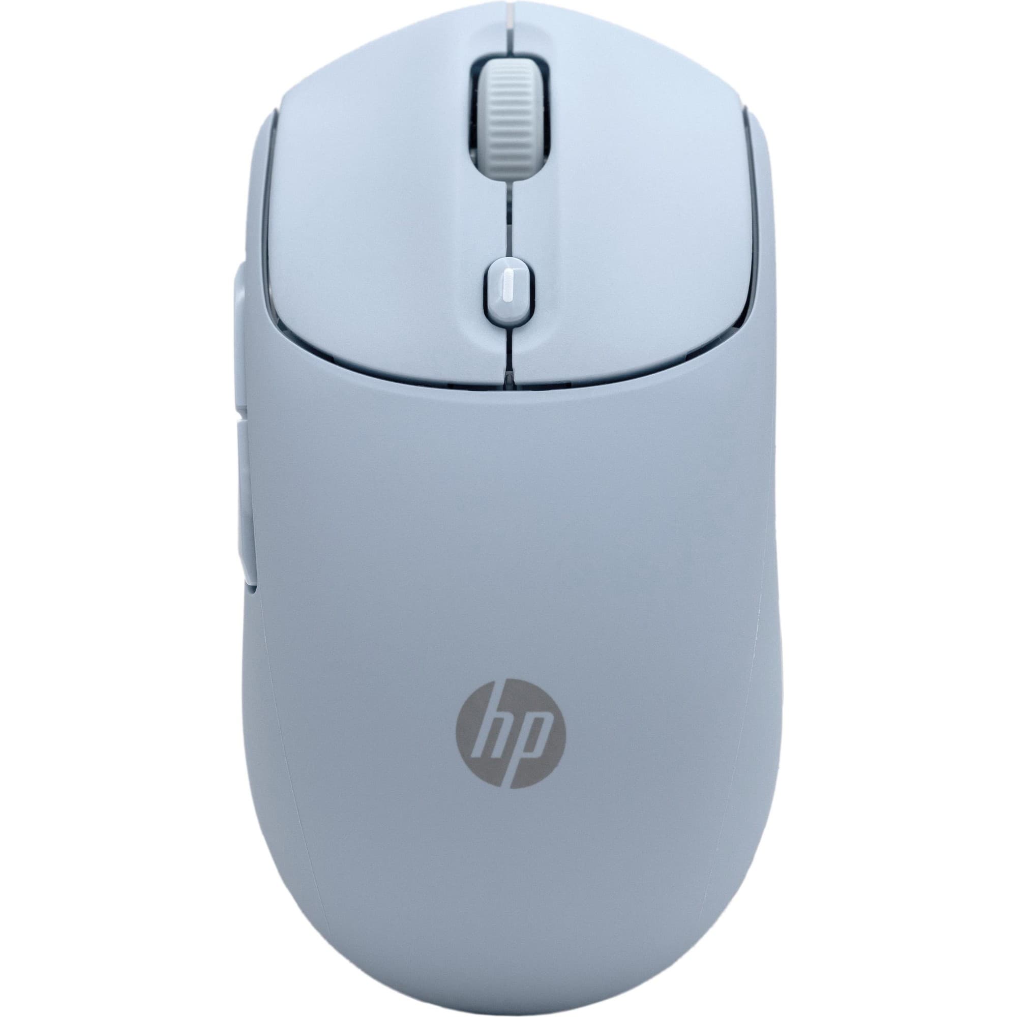 Light gray HP 400 Dual Wireless Mouse featuring a smooth surface, silent clicks, a 2D scroll wheel, and adjustable DPI settings, with the HP logo prominently displayed.