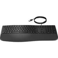 Black HP USB keyboard with full-size layout, number pad, and curved ergonomic design.
