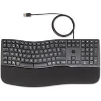 HP 480 Comfort Wired USB AZERTY Belgian keyboard, black, ergonomic design with wrist rest and curved key layout.