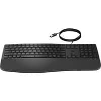 Black HP 485 Comfort Wired Keyboard with ergonomic design, full-size layout, and USB connection cable.