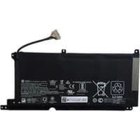 Black HP lithium-ion battery with white text, connector wire, and recycling symbols.