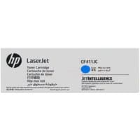 HP CF411JC cyan toner cartridge, gray box with blue dot, LaserJet branding, for 6K pages, ISO/IEC 19798 compliant.